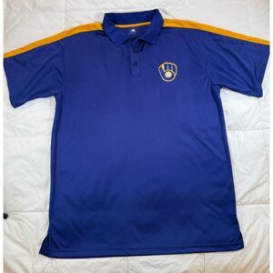 Milwaukee Brewers MLB Polo Shirt Men's XLT Blue Gold Stripe Retro Glove Logo